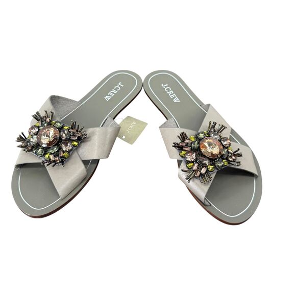 J. Crew Cyrpus Sandals Women's 8 Gray Leather Jeweled Flat Slide C6420 HTF NWT - Picture 2 of 16